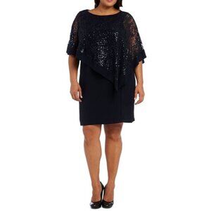 R&M Women’s Sequined Lace Cape Dress Size 16 Blue MOB Evening Holiday Glam